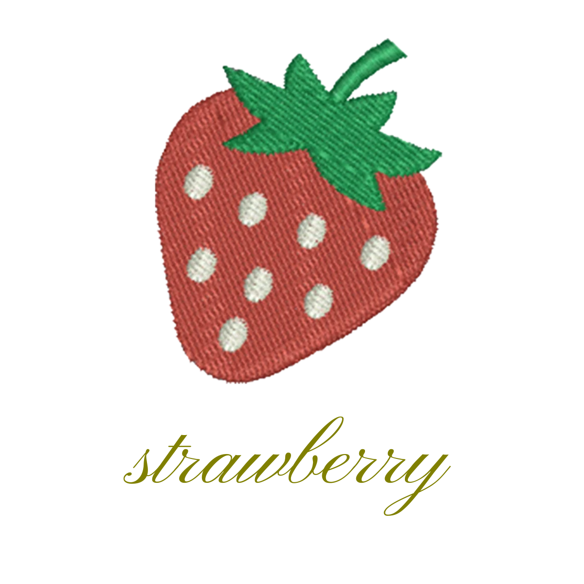 Embroidery of a red strawberry with green leaves and white seeds, with the word 'strawberry' written below.