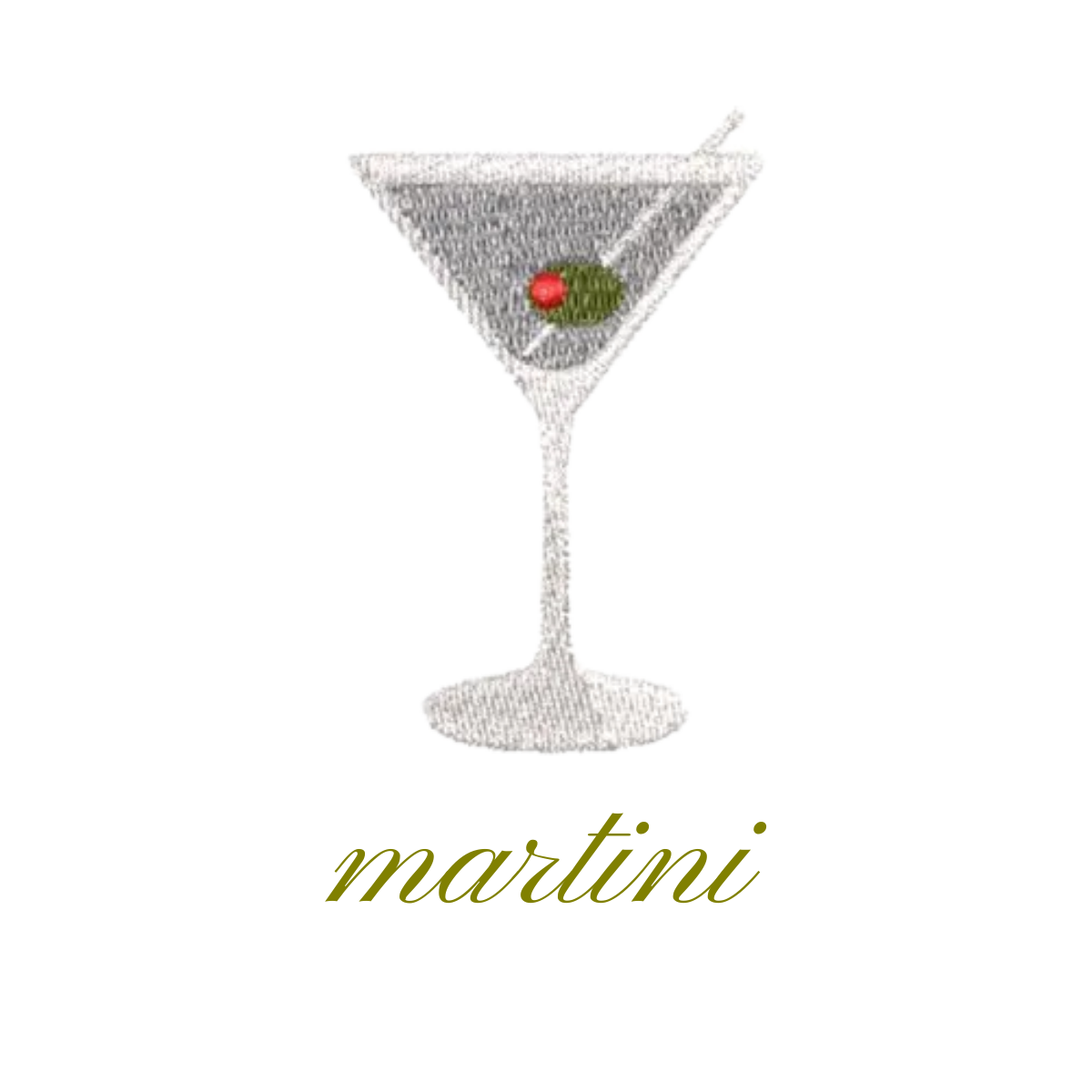 A silver martini glass with a green olive and red cherry garnish, with the word 'martini' written below in cursive.