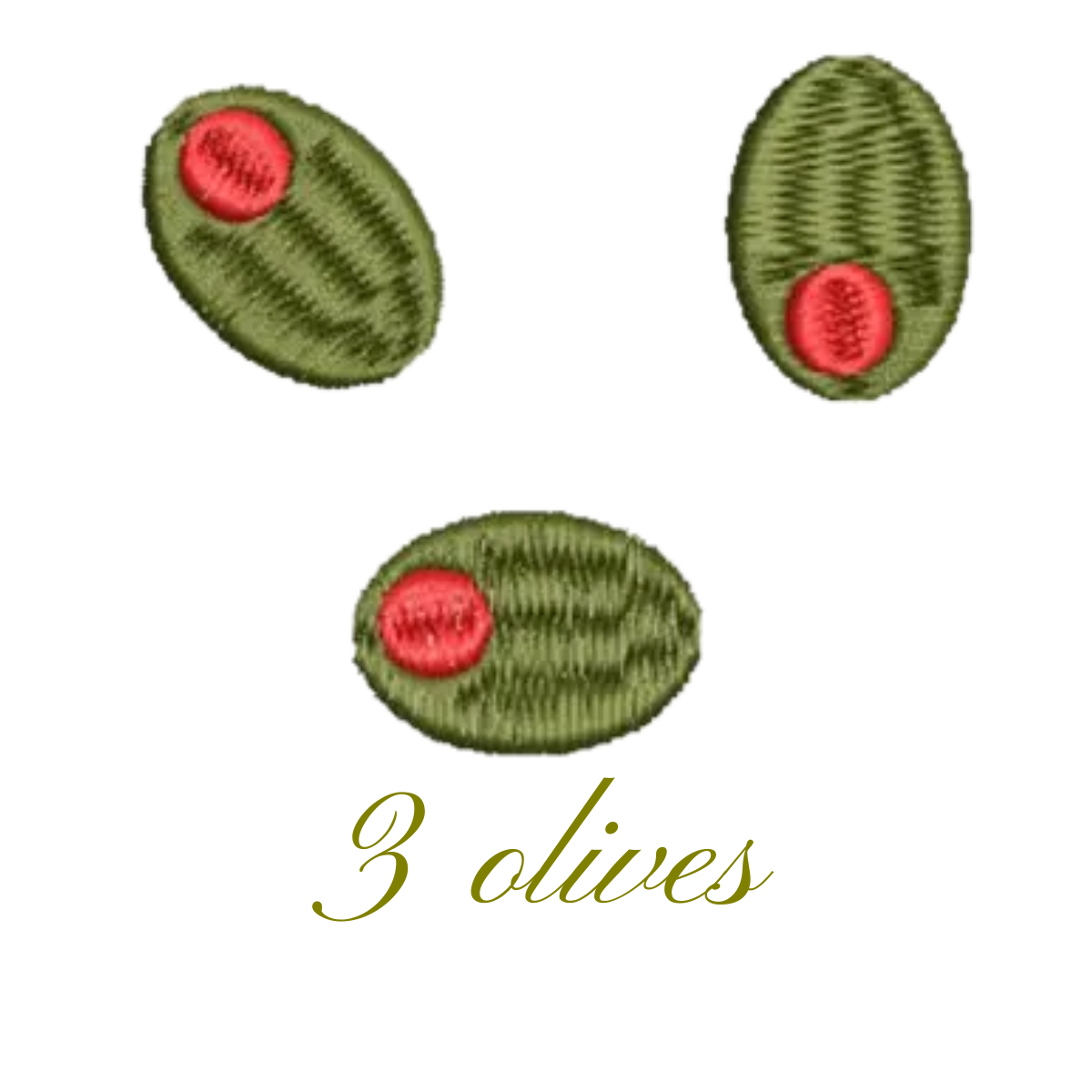 Illustration of three green olives with red pimentos. Text below reads '3 olives' in cursive font.
