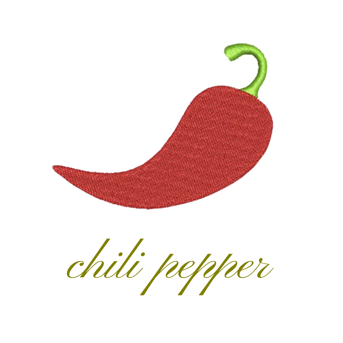 Embroidery of a red chili pepper with a green stem, above the words "chili pepper" written in cursive olive green font.