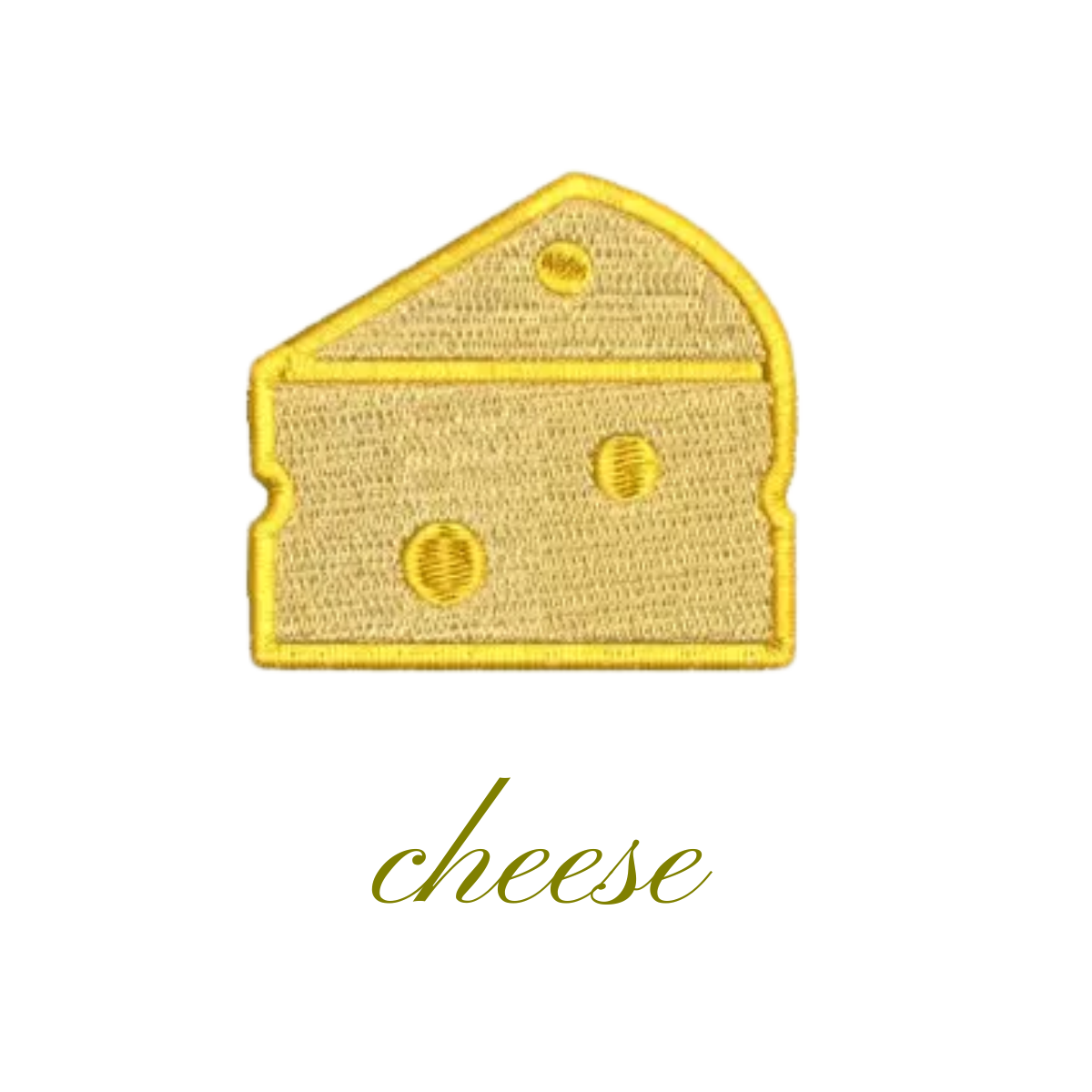 Embroidered patch of a yellow cheese wedge with the word 'cheese' written underneath.
