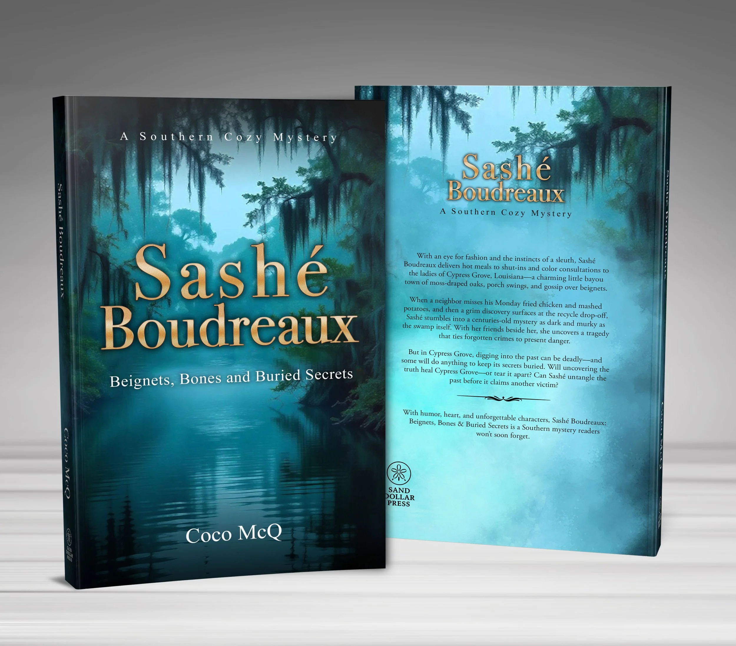 Cover of the book titled 'Sashé Boudreaux' by Coco McQ, featuring a misty, swampy landscape with moss-draped cypress trees and a blue-green color palette.