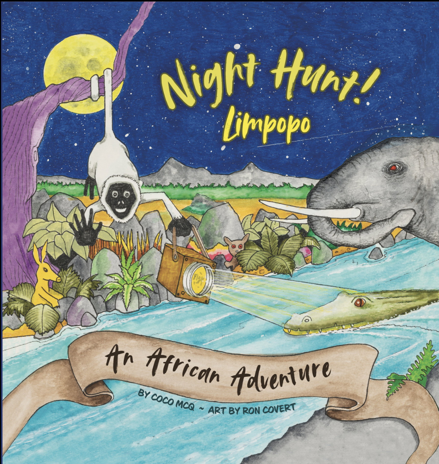Colorful illustration of a night scene with a moon, stars, mountains, and a river, featuring animals like a zebra, rat, crocodile, and a rabbit, promoting African adventure.