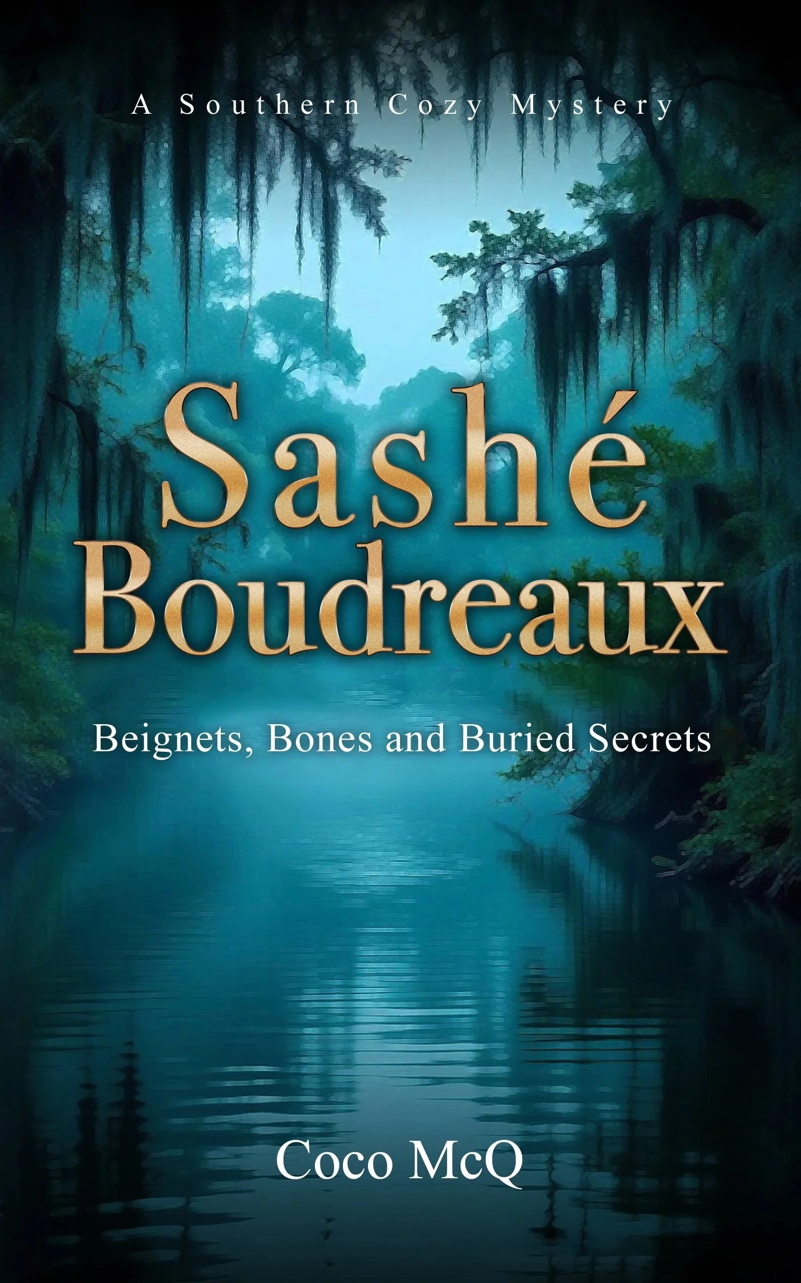 A book cover titled 'A Southern Cozy Mystery: Beignets, Bones and Buried Secrets' by Coco McQ. The cover features a misty, peaceful river scene with trees and hanging moss.