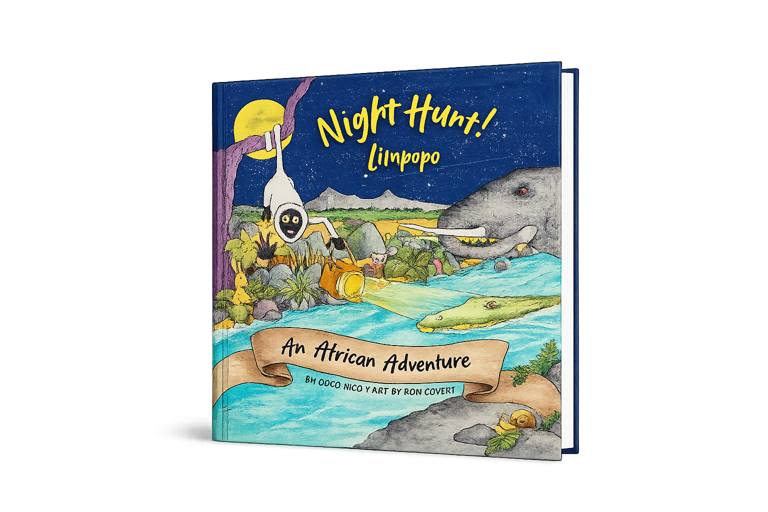 Colorful illustrated book cover titled 'Night Hunt! Linpopo: An African Adventure' with a nighttime scene featuring a hippo, crocodile, and an adventurous monkey hanging from a tree branch near a river, with mountains and a full moon in the background.