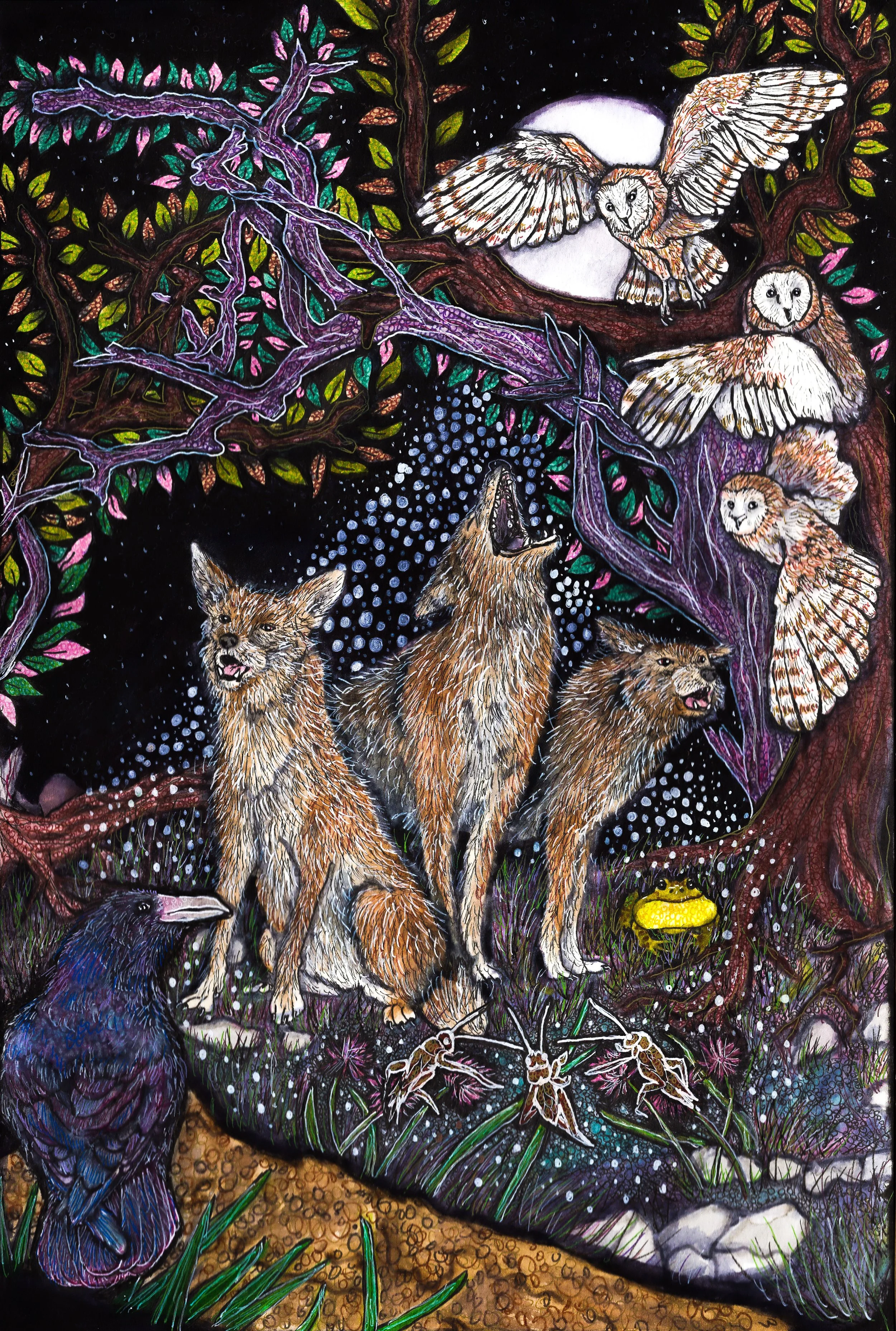 Originally commissioned by my sister-in-law, Chloe, this painting depicts the many sounds one may hear out in the woods at night. 

The scene is formed around the layout of the Paris Opera house with a moon spotlight, leaf curtains, a cricket orchest