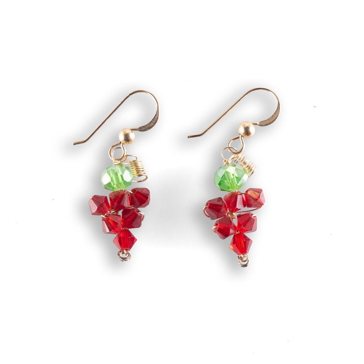 Aretes de racimo de uva con cristales rojos y verdes en oro de 14 kilates