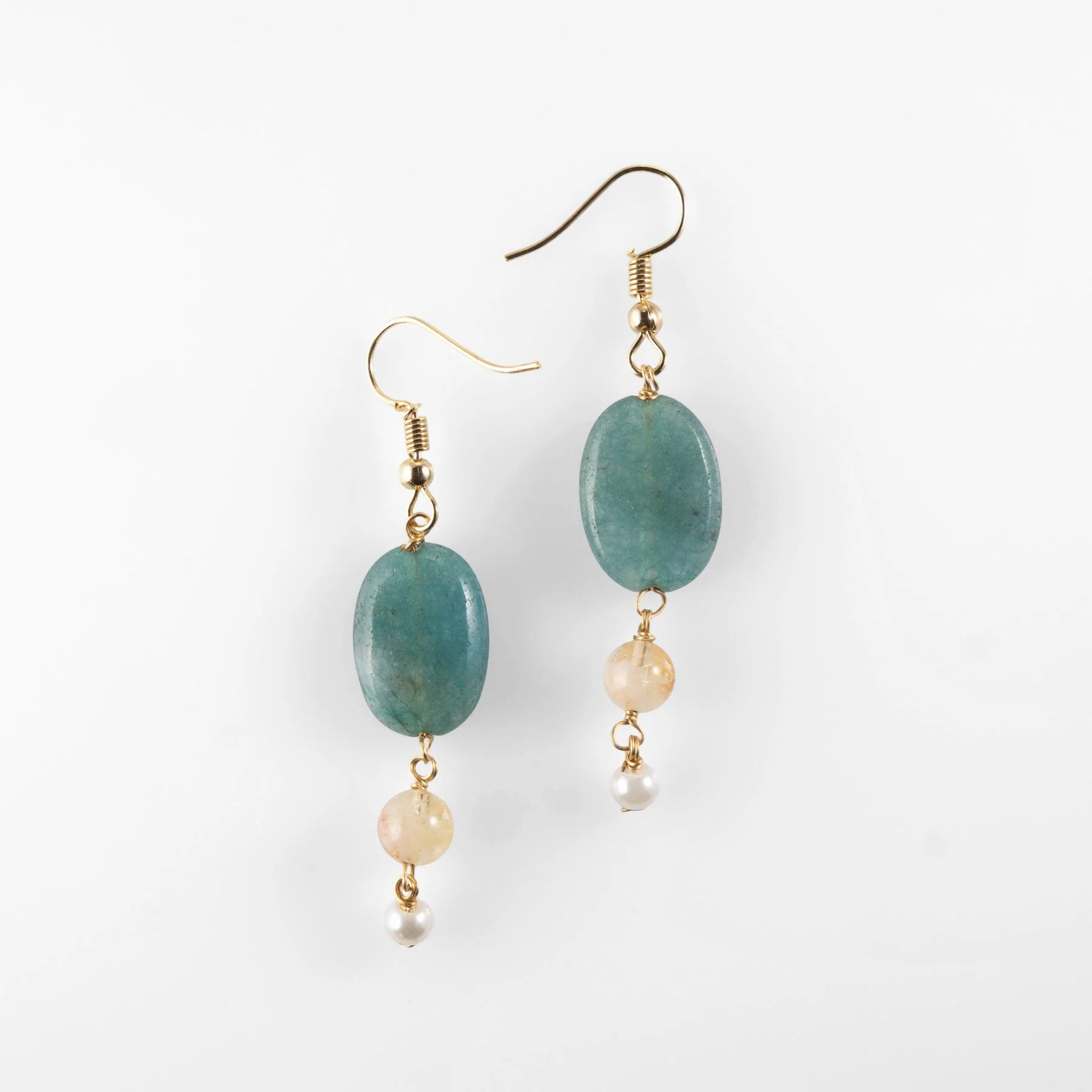 Aretes Colgantes de Ágata Verde, Citrino y Perlas de Cristal