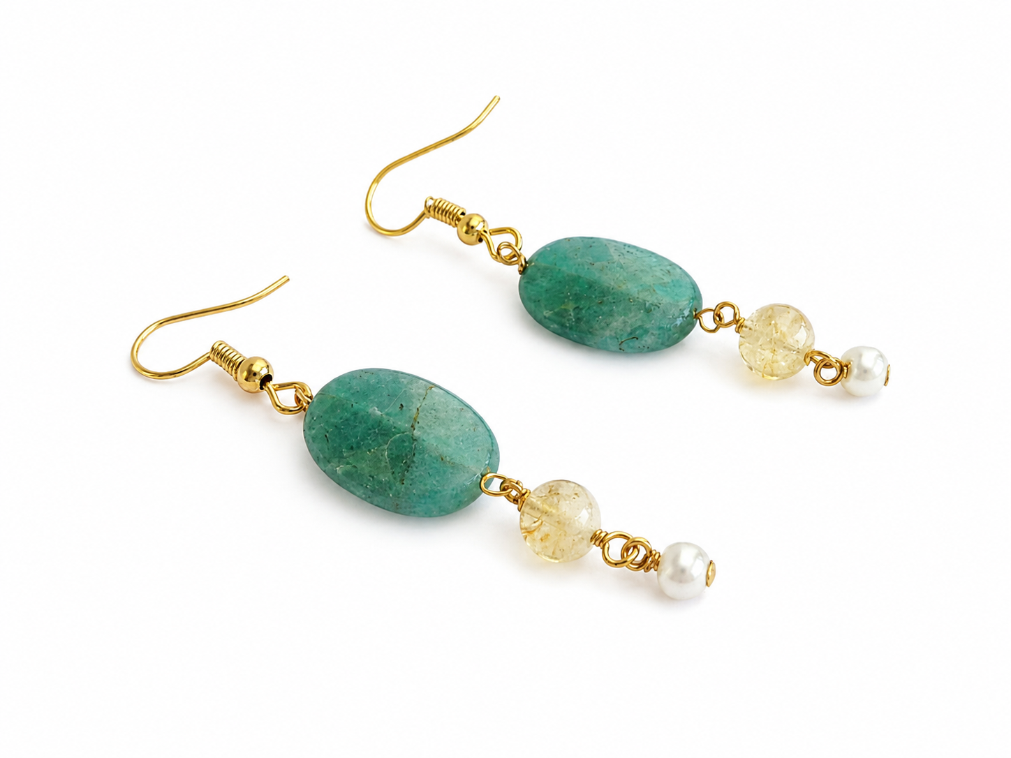ARETES DE ÁGATA VERDE, CITRINO Y PERLAS DE CRISTAL