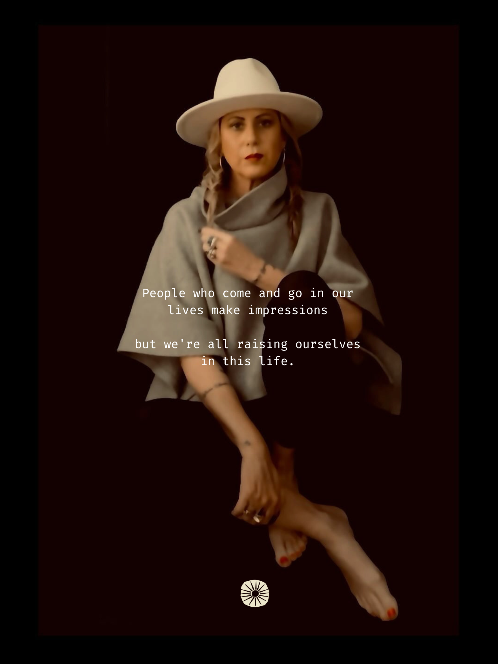 woman in white hat seated looking at camera. text overlay