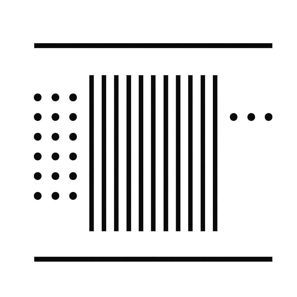 Diagram of a microchip or electronic component with various patterns, dots, and lines. Notable elements include three groups of dots on the left, vertical lines in the center, six dots on each side.