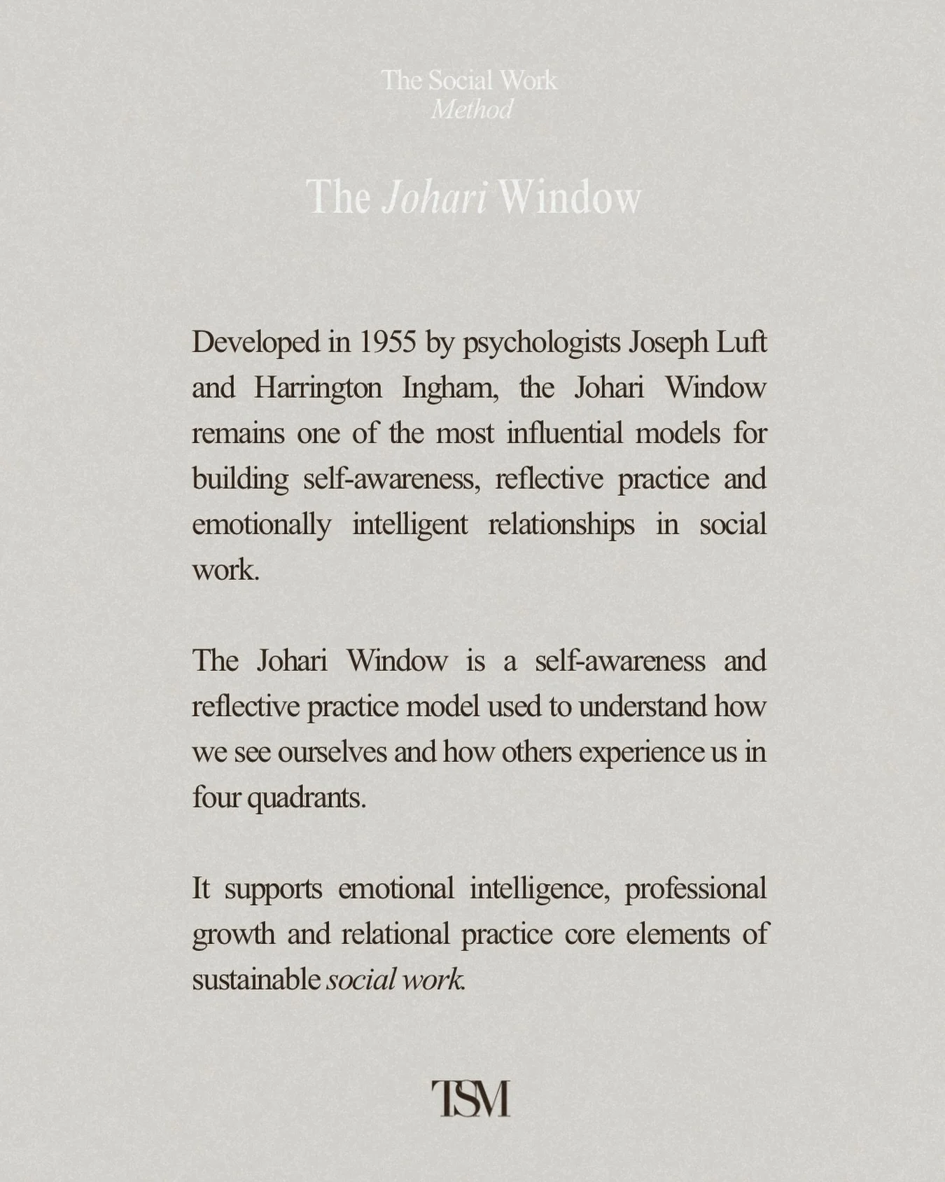 The Johari Window is one of the most influential tools for self-awareness and reflective practice in social work.

Developed in 1955 by psychologists Joseph Luft and Harrington Ingham, the model helps us understand not only how we see ourselves but h