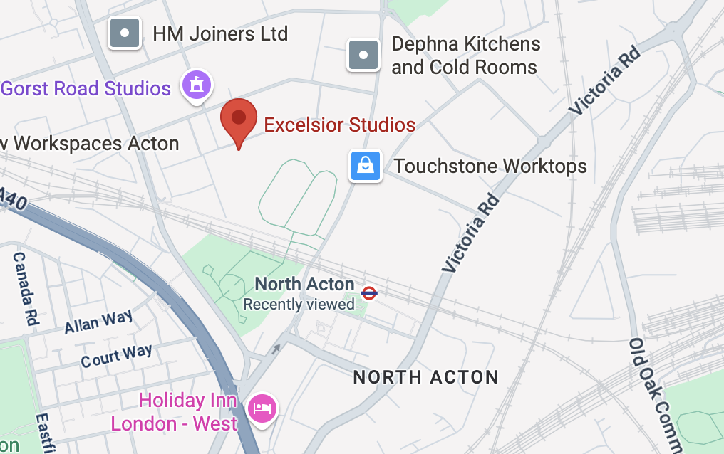 Map showing Studio 17 West London Location, North Acton station.  nearby roads including Victoria Road, Old Oak Common Lane, and the A40.