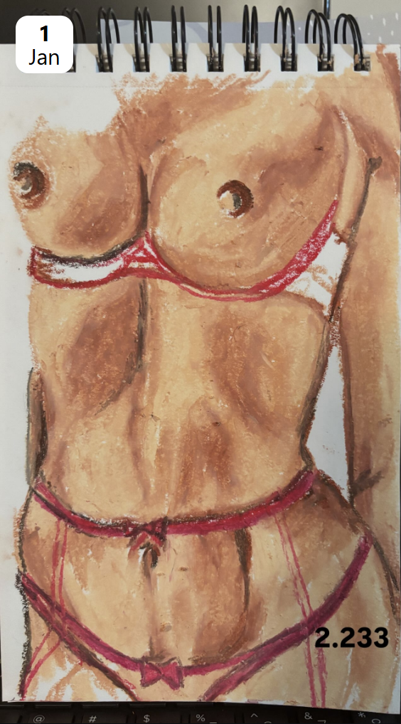 A watercolor painting of a woman's torso wearing red and white lingerie, showing her bare breasts and stomach.