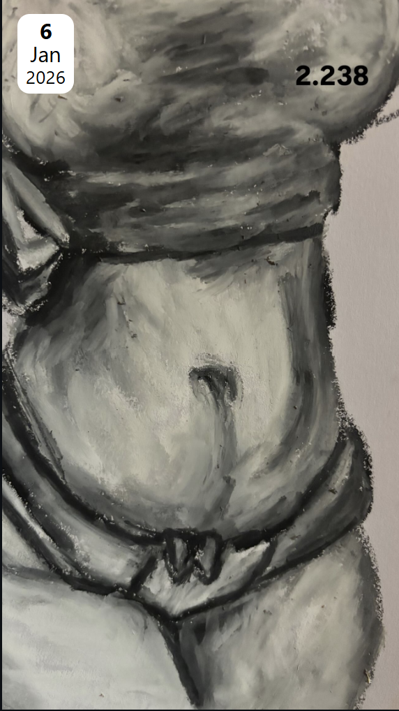 A black and white painting of a nude person with their face covered by a hat. The person is holding the brim of the hat with both hands, and they are wearing a collar with a bow.