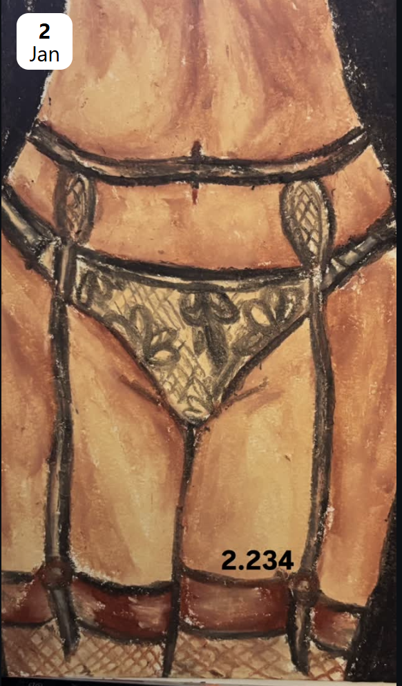 Painting of a person's lower torso wearing sheer lace lingerie, garter belt, and stockings.