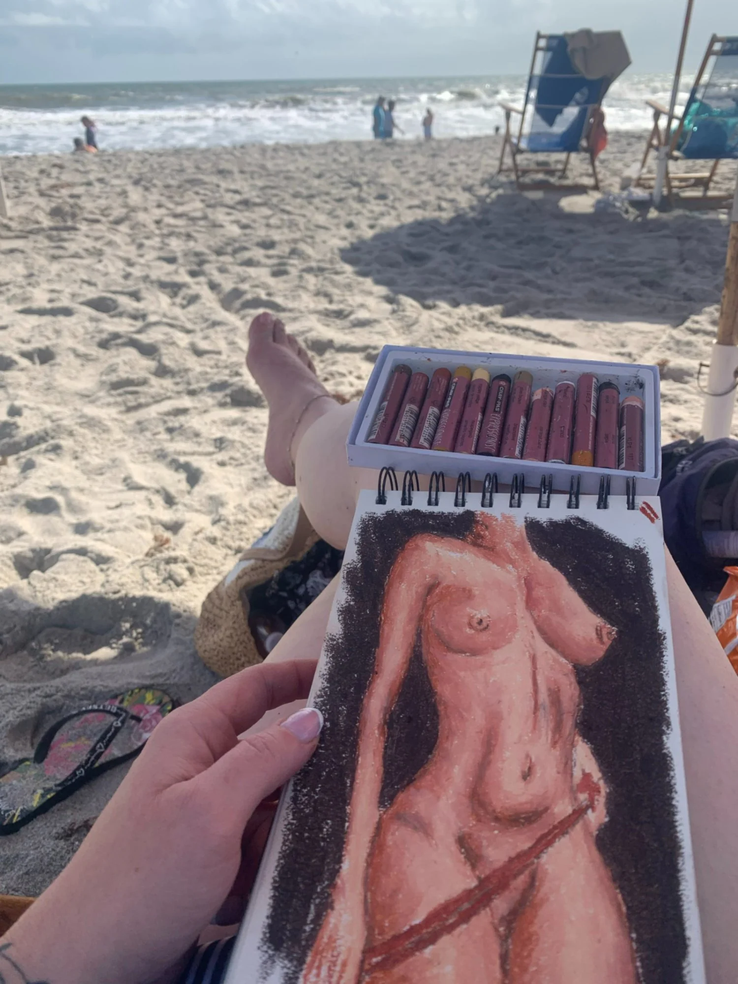 Original Oil Pastel Nude Drawing Small Figure Study with Undies