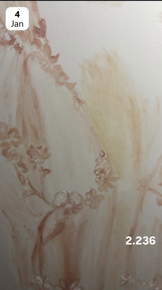 Close-up of a floral painting with branches and small flowers, predominantly in beige and light brown tones.