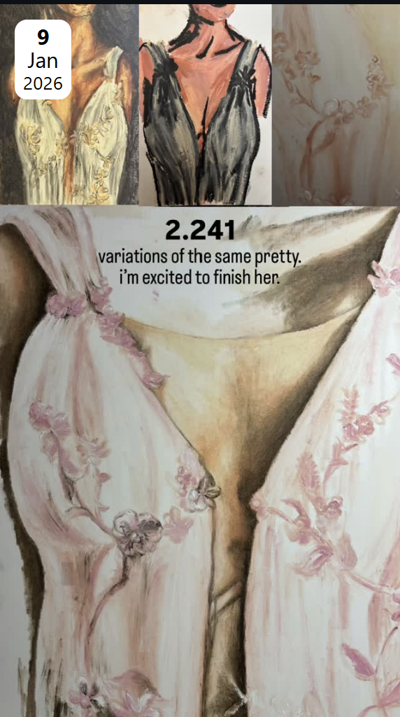 Close-up of a painting depicting a woman's torso in pink lingerie with floral embroidery, showing her lower chest and waist area.