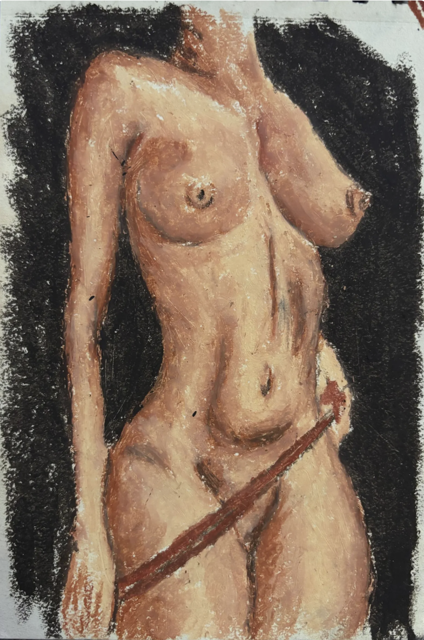 Original Oil Pastel Nude Drawing Small Figure Study with Undies.png