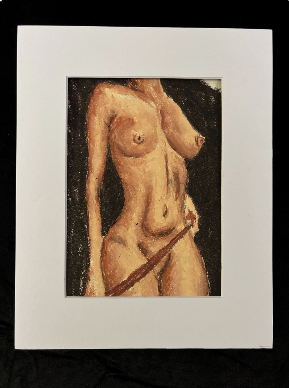 Original Oil Pastel Nude Drawing Small Figure Study with Undies matted.png