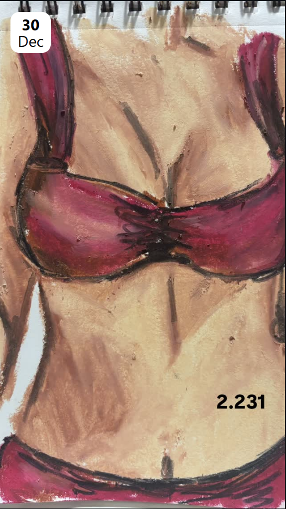 Close-up painting of a woman's torso wearing pink bra and underwear, with emphasis on the abdomen and chest area.