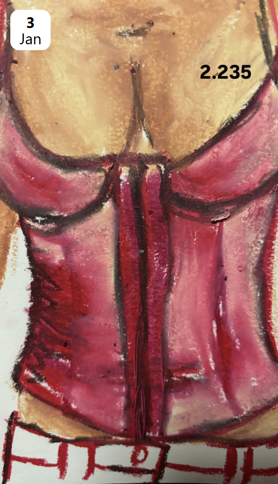 A painting of a woman wearing a red leather corset, focusing on her chest and waist area.
