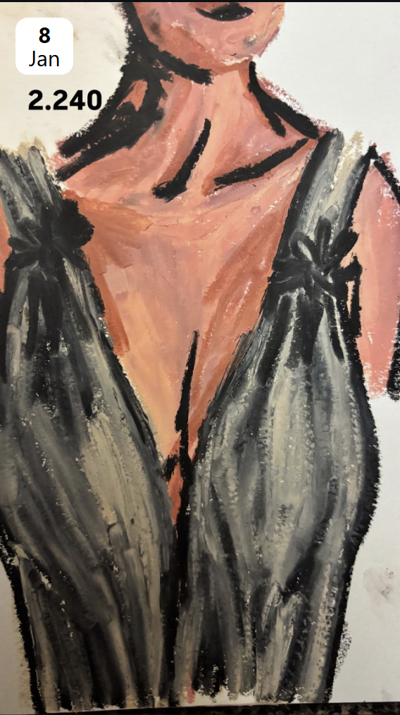 Painting of a woman's upper body and face, wearing a black and gray dress with a low neckline and shoulder straps, with short hair, against a white background.