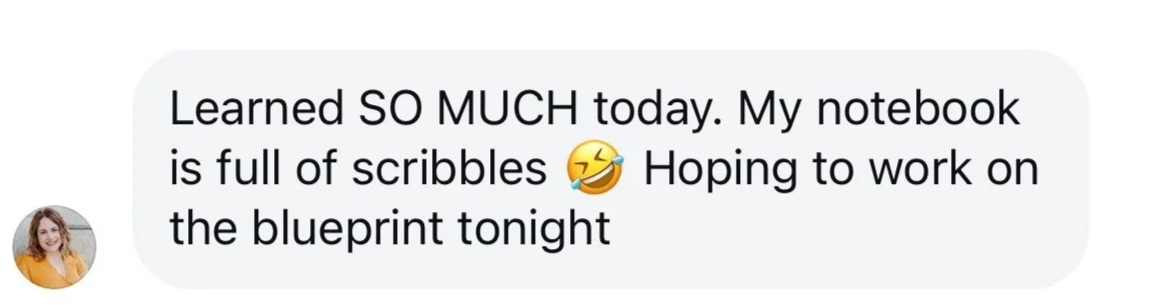 Text message with a small profile photo of a smiling woman in an orange shirt, saying she had a productive day learning and her notebook is full of scribbles, with a laughing emoji and a note about working on the blueprint tonight.