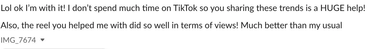 Text message discussing appreciation for help with TikTok trends and a successful reel.
