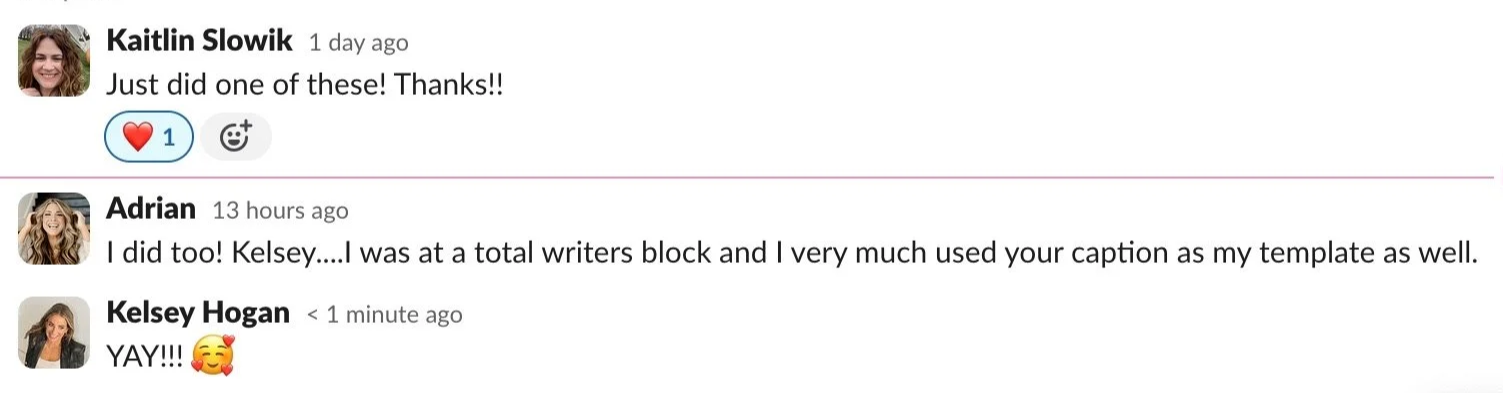 Screenshot of a social media comment thread with three comments about creating a post. The comments include smiles, hearts, and celebratory emojis, showing excitement about completing a task.