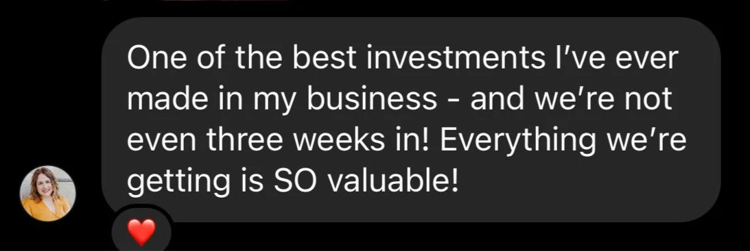 Screenshot of a text message with a testimonial about a successful business investment, including a small profile picture of a smiling woman with curly hair and a yellow top.