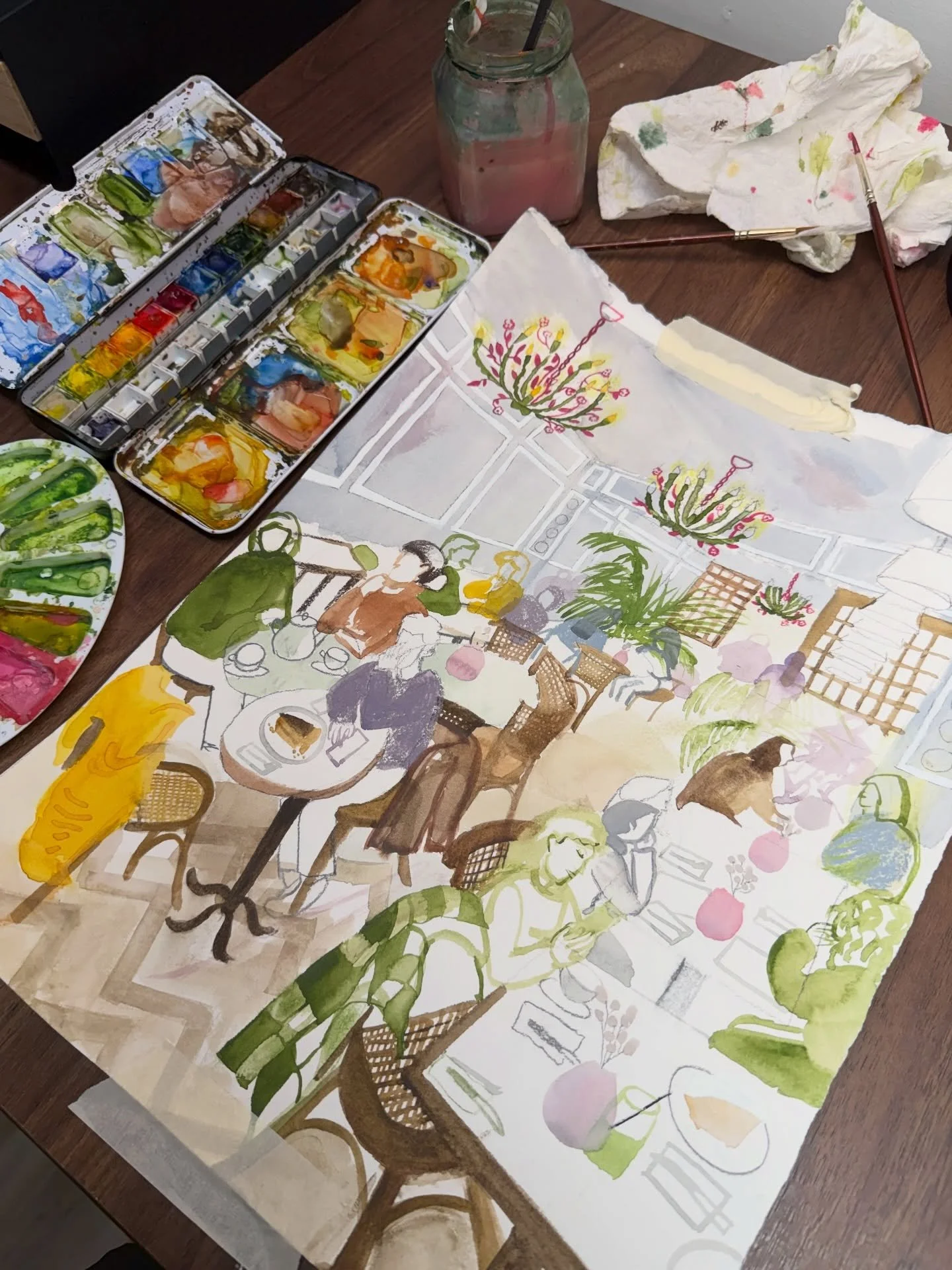 Part 2 of painting @letocaffe.official 
I am adding all the aesthetic details that made this place special in my head - the chandeliers, big lamps, artwork and the lovely desserts! 

My new collection &lsquo;Streets and Lived Experiences&rsquo; is no