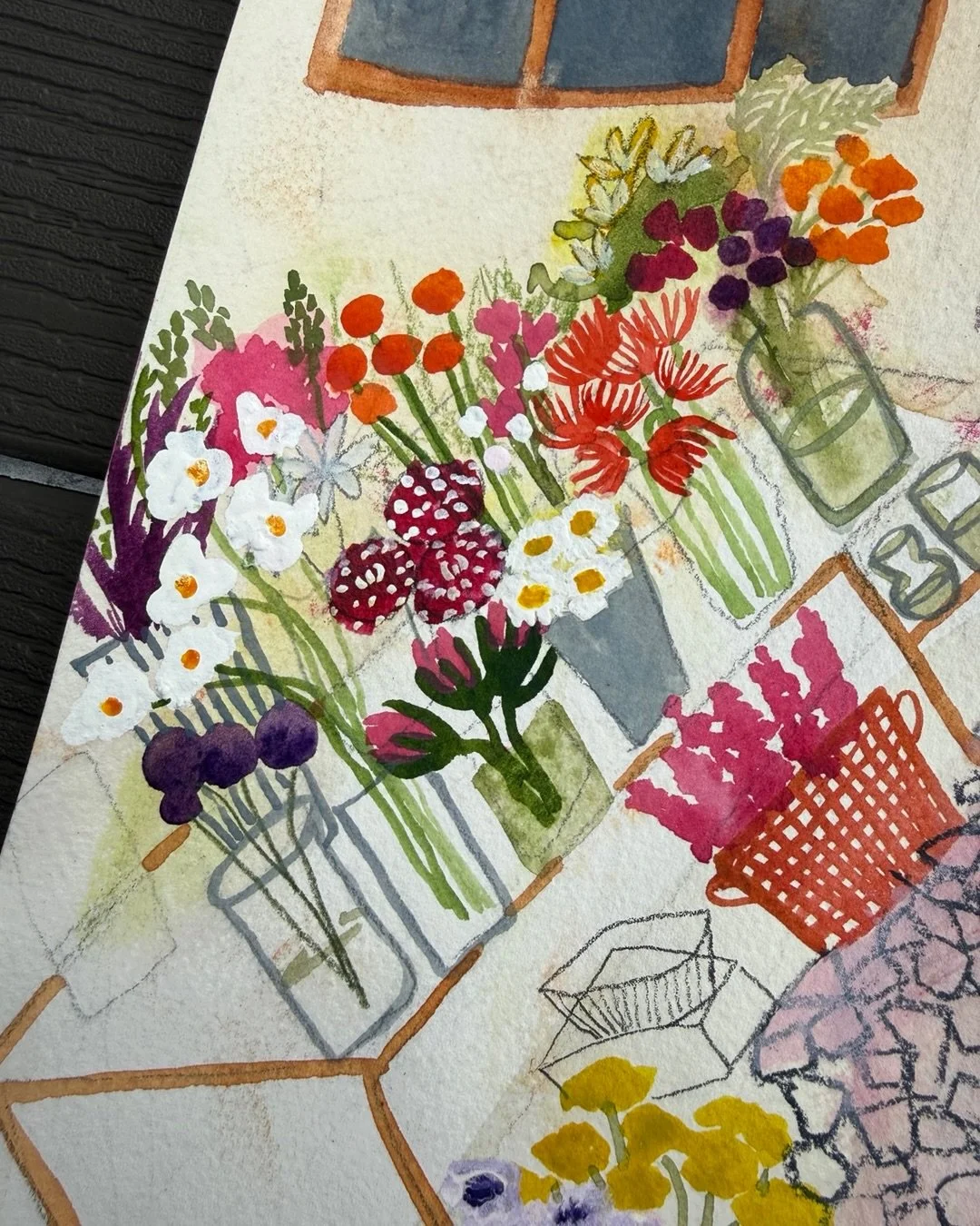 Here are the close up shots of a painting on my desk. I am using watercolour, gouache and watercolour pencils to create the memory of a local florist on our travels. 

A few weeks, I organized a poll to ask about what I should paint next and local fl
