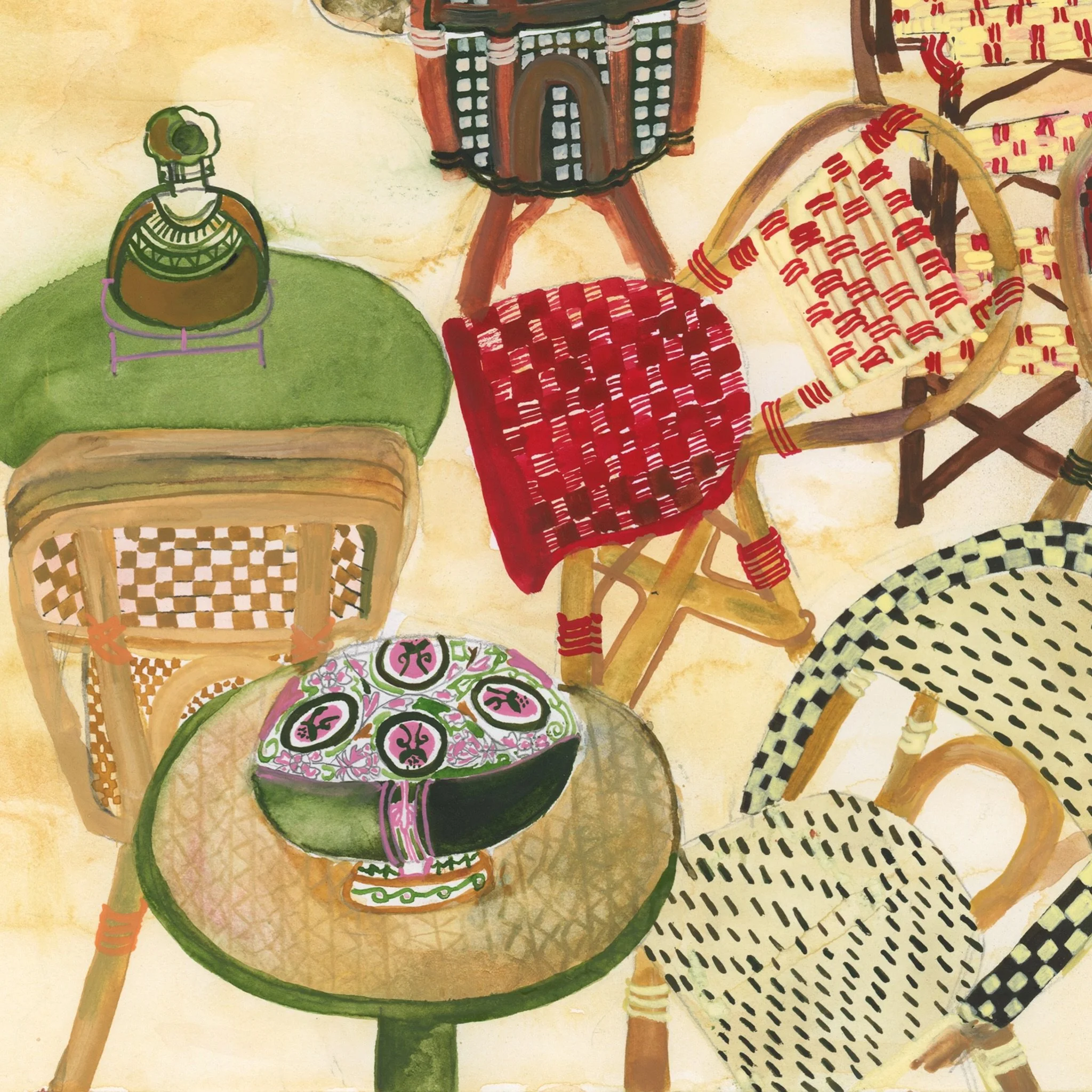 Close up shots of my finished artwork &lsquo;Come, share a table with me&rsquo;. I first visited Paris in 2022 and instantly fell in love with the cafe culture of lounging and sitting and observing people. The rattan chairs are a huge symbol of the c