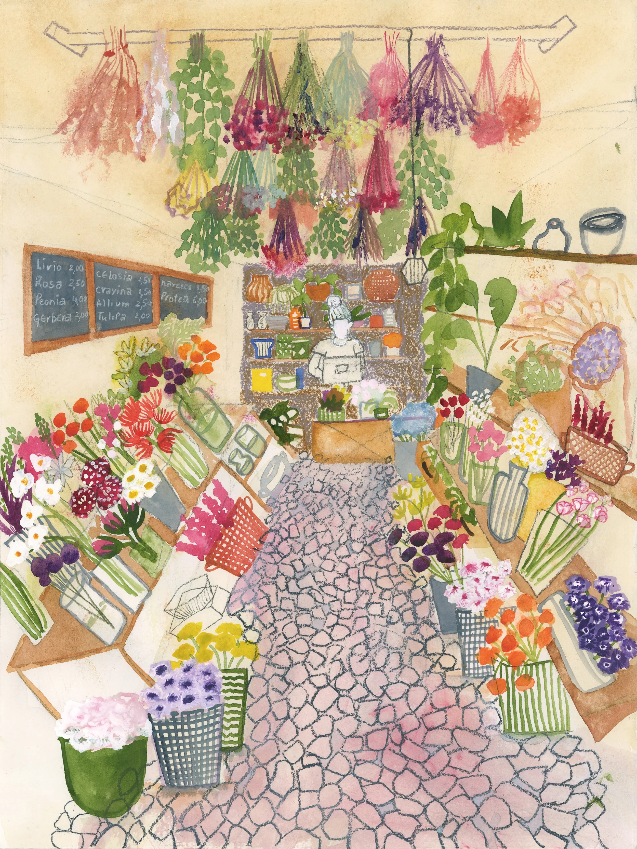 'The Shop That Blooms - Flower Market' Original Watercolour Art