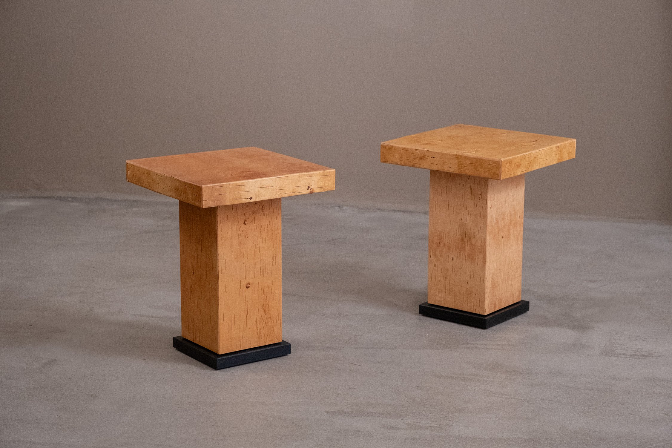A pair of birch bark side tables with square tops, rectangular pedestals and black plinths