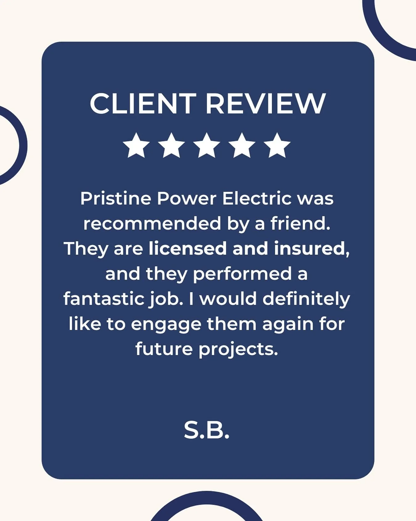 Nothing speaks louder than the words of our clients! ⭐️
We’re proud to deliver licensed, insured, and reliable electrical installations that keep homes and businesses running safely. Thank you for trusting Pristine Power Electric with your proj