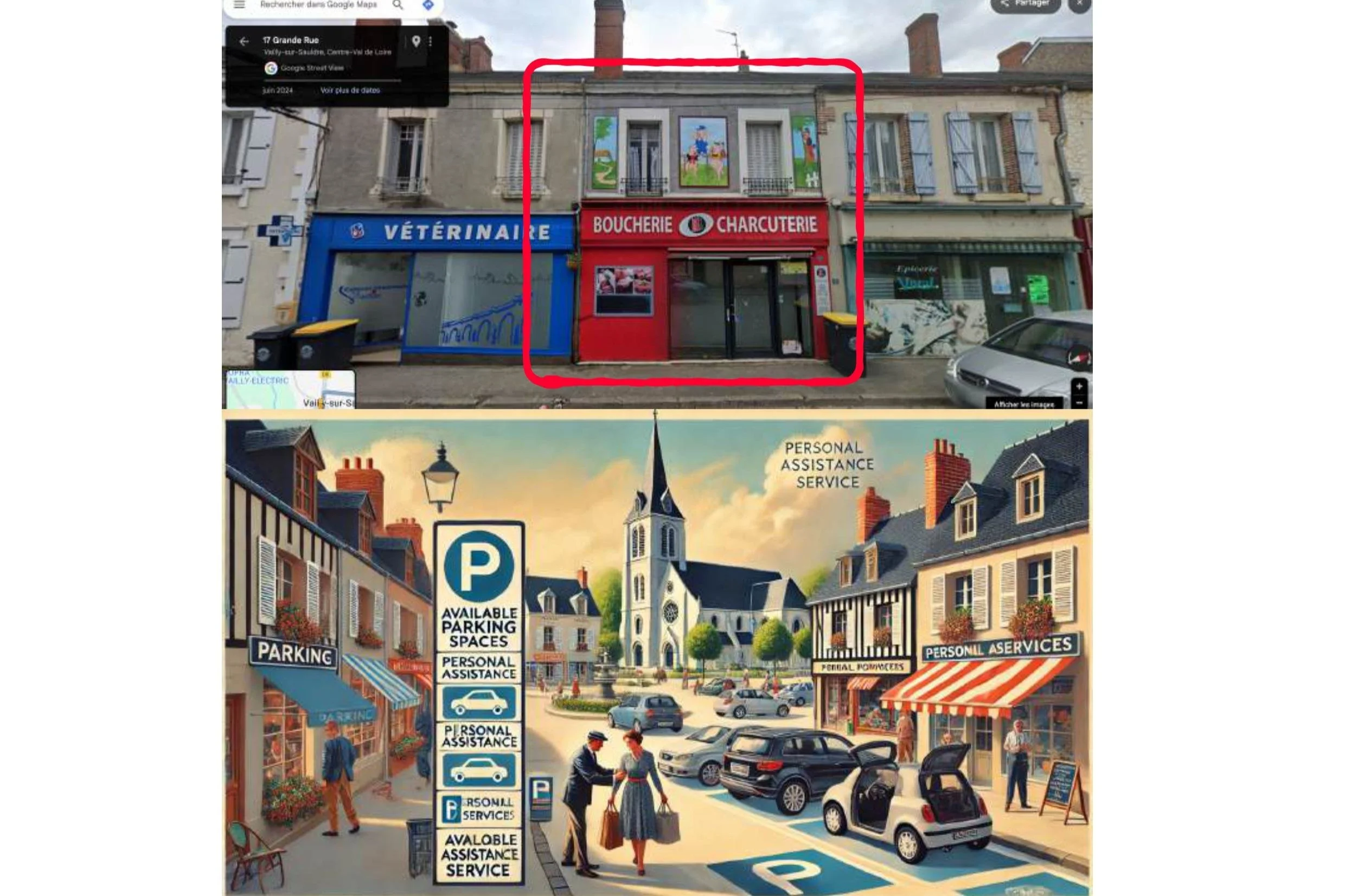 Une rue avec des bâtiments visible, dont un stand de boucherie-charcuterie avec des peintures de dessins animés au premier étage, entouré en rouge. En dessous, une illustration représentant une place avec des voitures, des piétons, un parking, une église, et divers services comme assistance personnelle, pompiers, et services personnels.