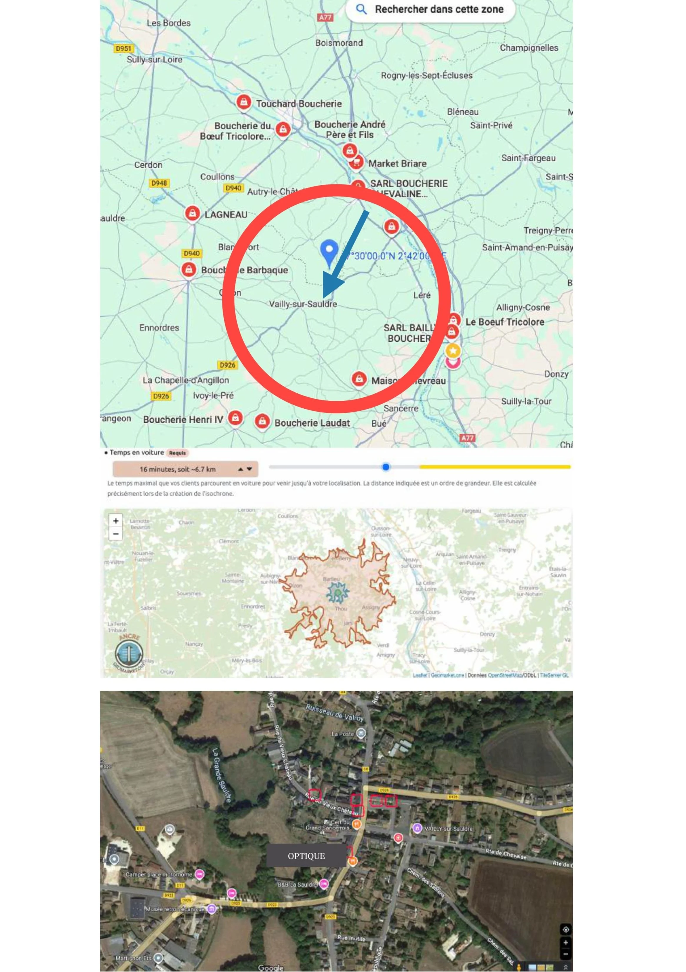 Carte de localisation indiquant un rayon de 16 minutes en voiture autour d'une zone centrale, avec un zoom sur une petite ville, montrant divers commerces et points d'intérêt, y compris une optique, dans la région de Valry-sur-Sauldre, France.
