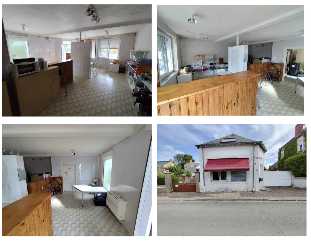 Visite d'une maison avec plusieurs pièces intérieures, comprenant une cuisine et un espace de vie, et une vue extérieure de la façade de la maison avec une fenêtre à store rouge  à Vailly-Sur-Sauldre