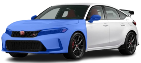 A blue and white Honda Civic hatchback car with black wheels and red brake calipers, featuring a black front grille and a rear spoiler.