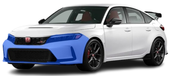 A white Honda Civic sedan with black wheels, red brake calipers, and a sporty front grille.