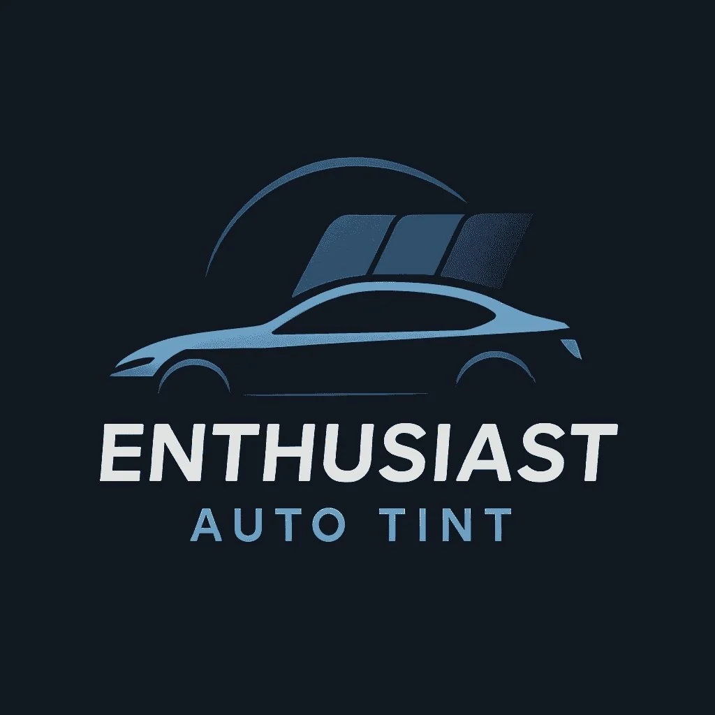 Enthusiast Auto Tint logo featuring a stylized luxury car with tinted windows and dynamic motion lines, representing premium ceramic window tint, paint protection film, and ceramic coating services in Campbell for Tesla and luxury vehicles.