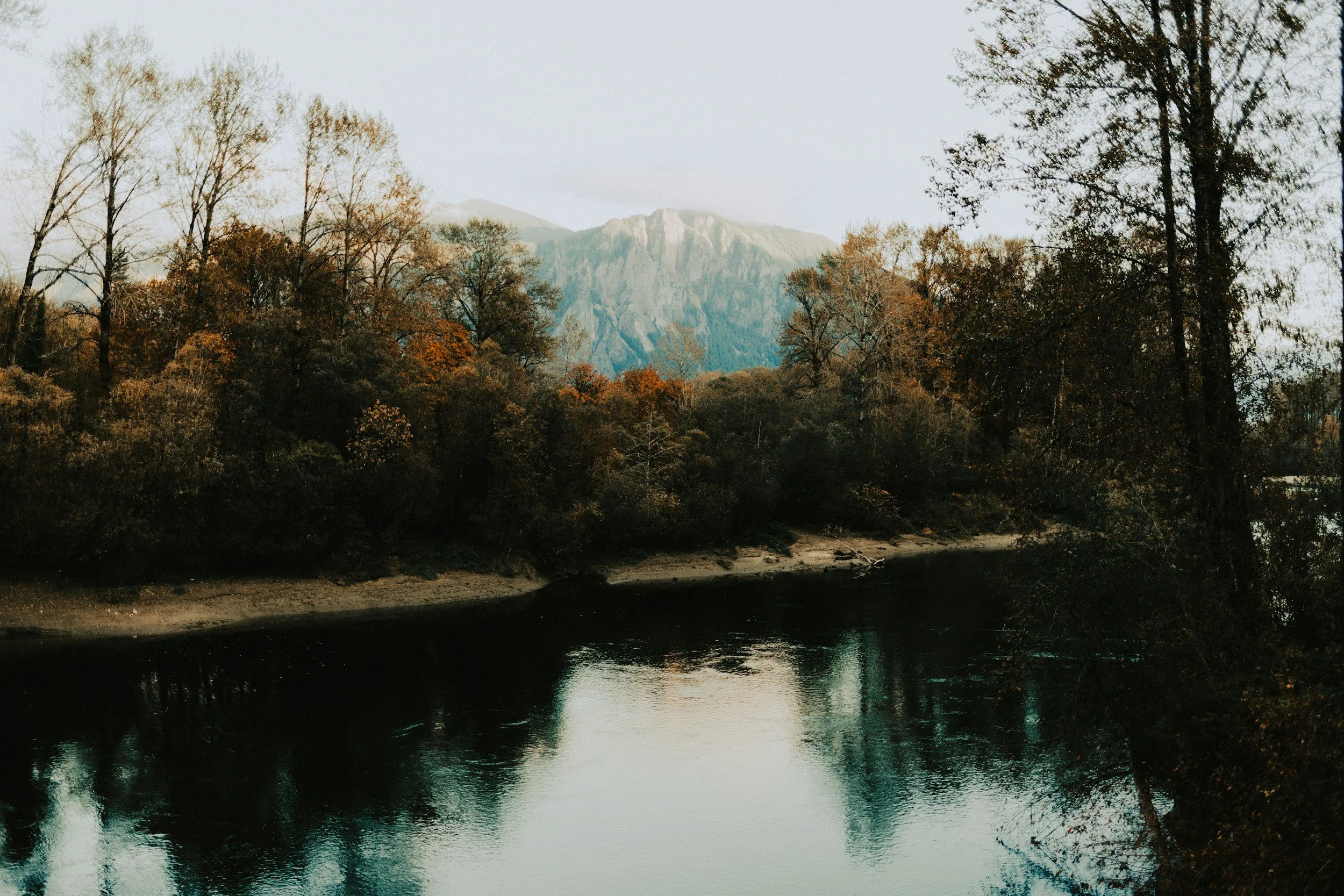 A river running through a forest with trees showing autumn colors, and a mountain in the distance under a cloudy sky.