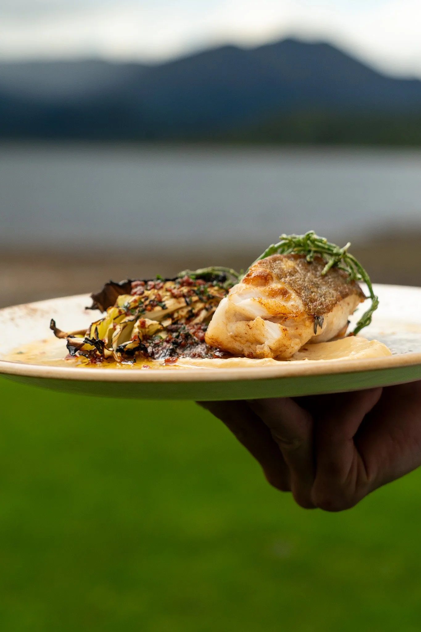 A plate of cooked fish with sauce and grilled vegetables, garnished with herbs, being held outdoors near a loch with mountains in the background.