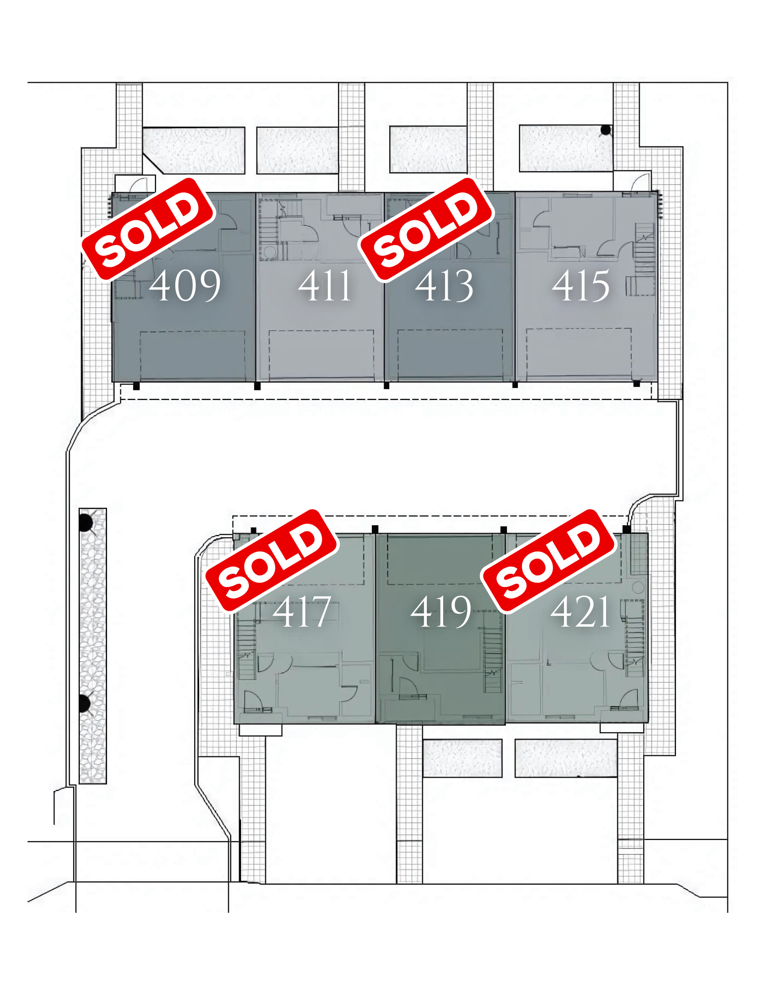 Floor plan of multiple units, with some marked as sold, including units 409, 413, 417, 421, and others.
