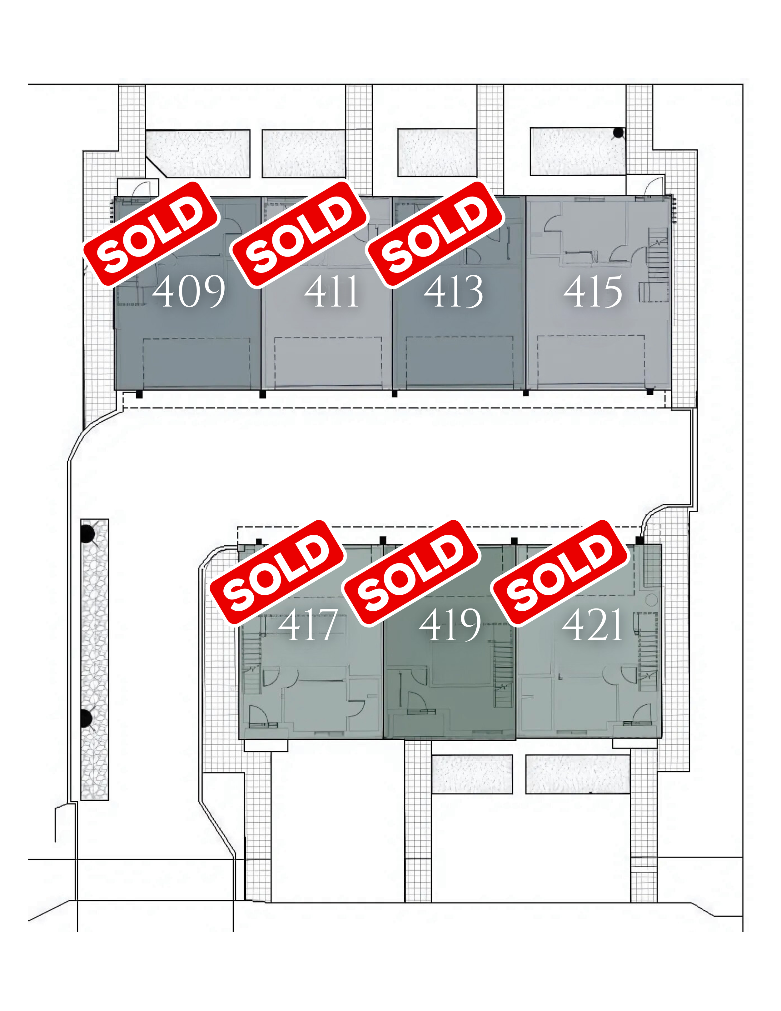 Floor plan of an apartment complex showing four units, numbered 409, 411, 413, and 415, with three units marked as sold and one unit, 415, still available.