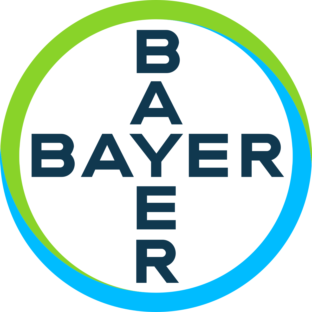 Bayer logo with a circular green and blue border and the word 'BAYER' in the center vertically and horizontally, with the letters A, B, E, R, and Y around the circle.