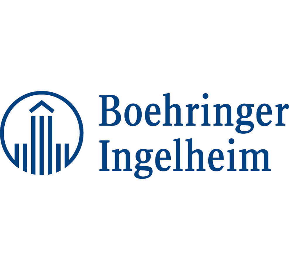 Logo of Boehringer Ingelheim featuring a blue circular icon with vertical lines and the company name in blue text.